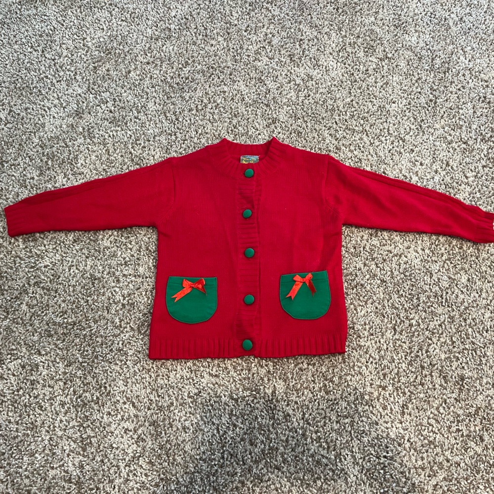 Maria Elena Red Cardigan with Green Accents, 3T